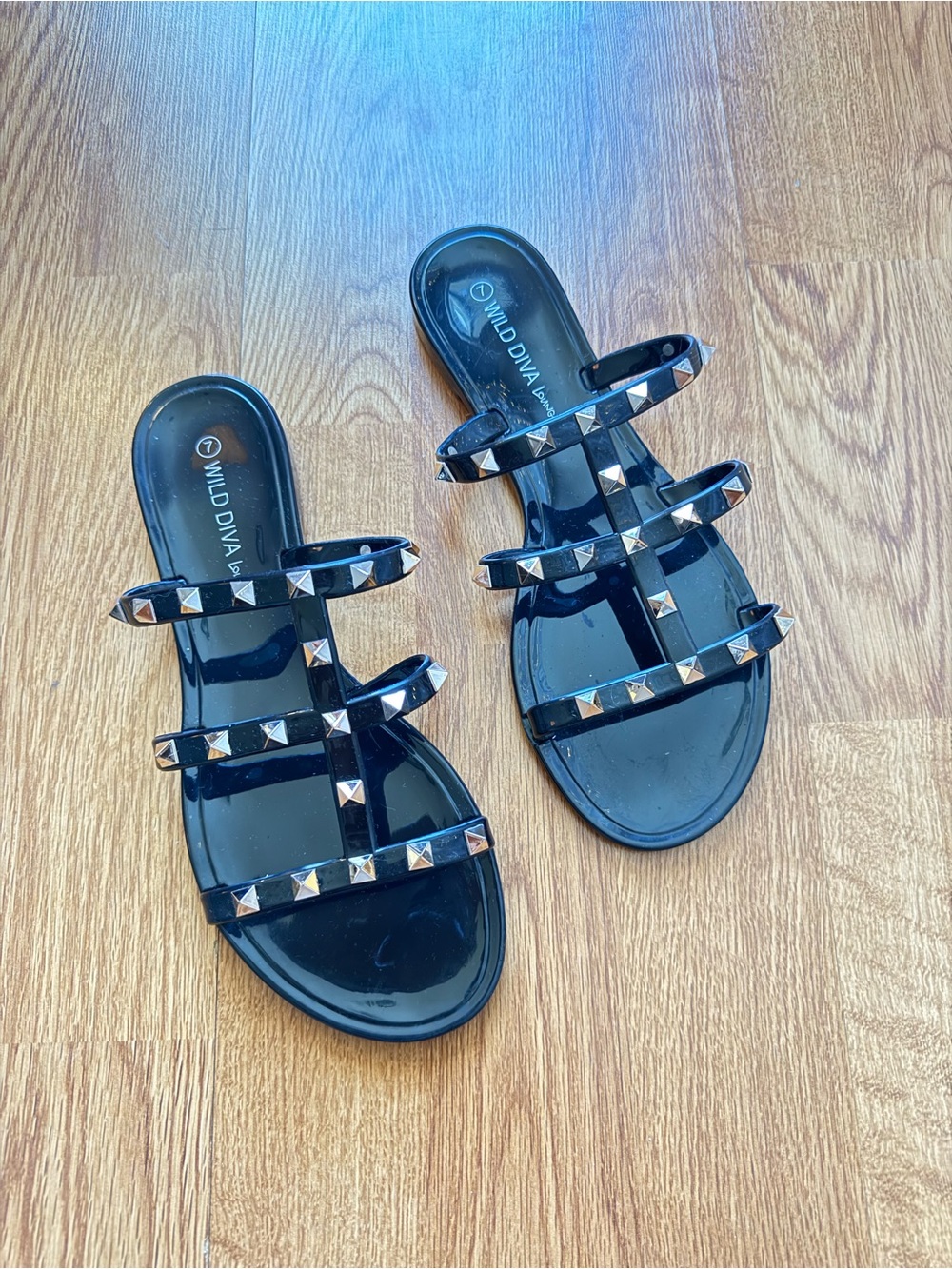 Wild Diva Black Rock Stud Triple-Strap Jelly Slides
